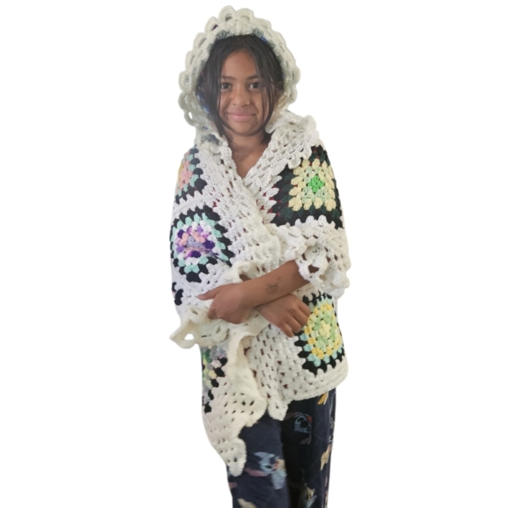 Hand Crafted Crochet Granny Square Cardigan open front Hooded Colorfull Sweater - Picture 11 of 17
